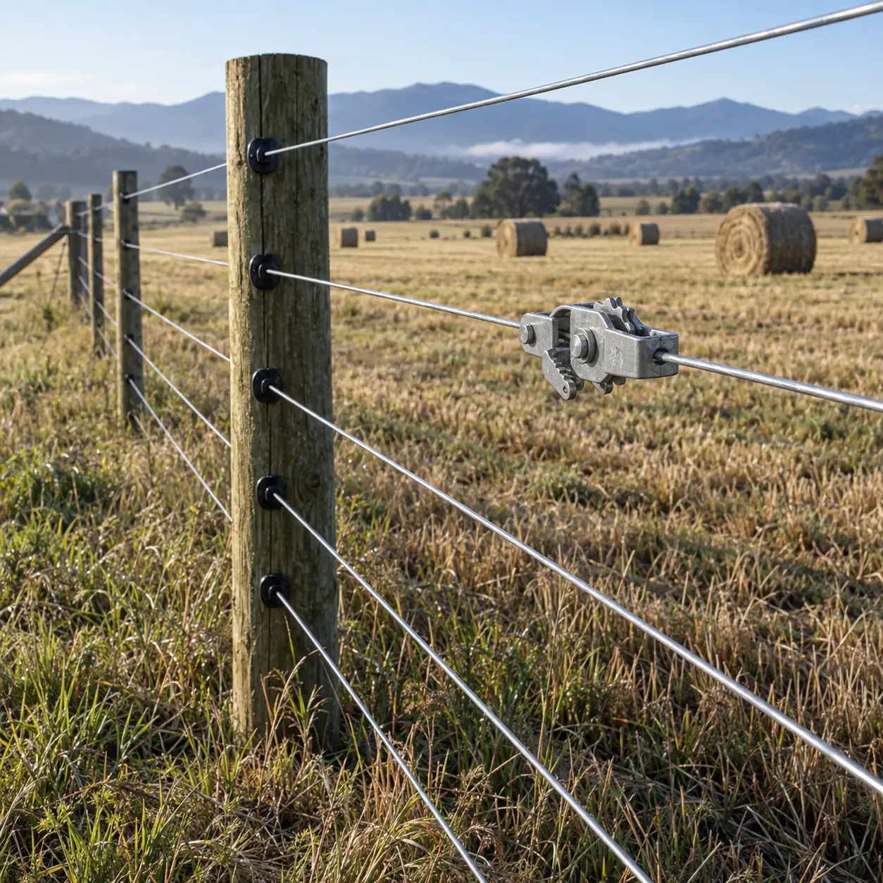 Smooth high-tensile fence wire with an inline tensioner and post insulators along a harvested hayfield.