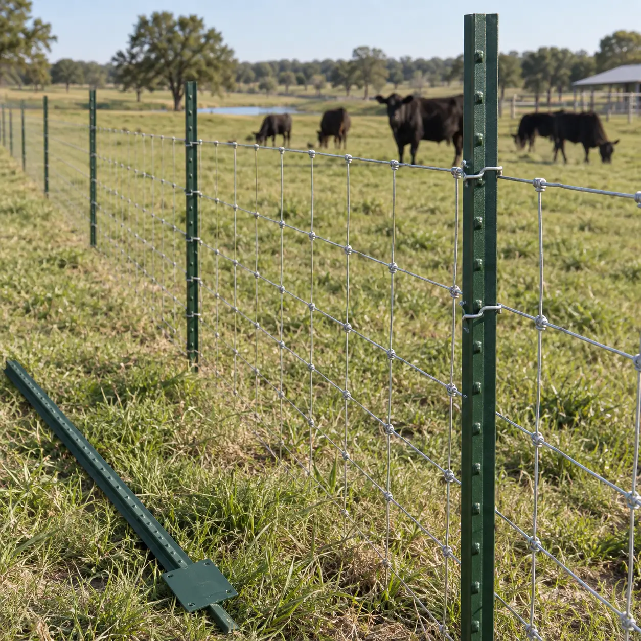 Green studded steel T-posts supporting woven wire cattle fencing, with a spare post and anchor plate on the grass.