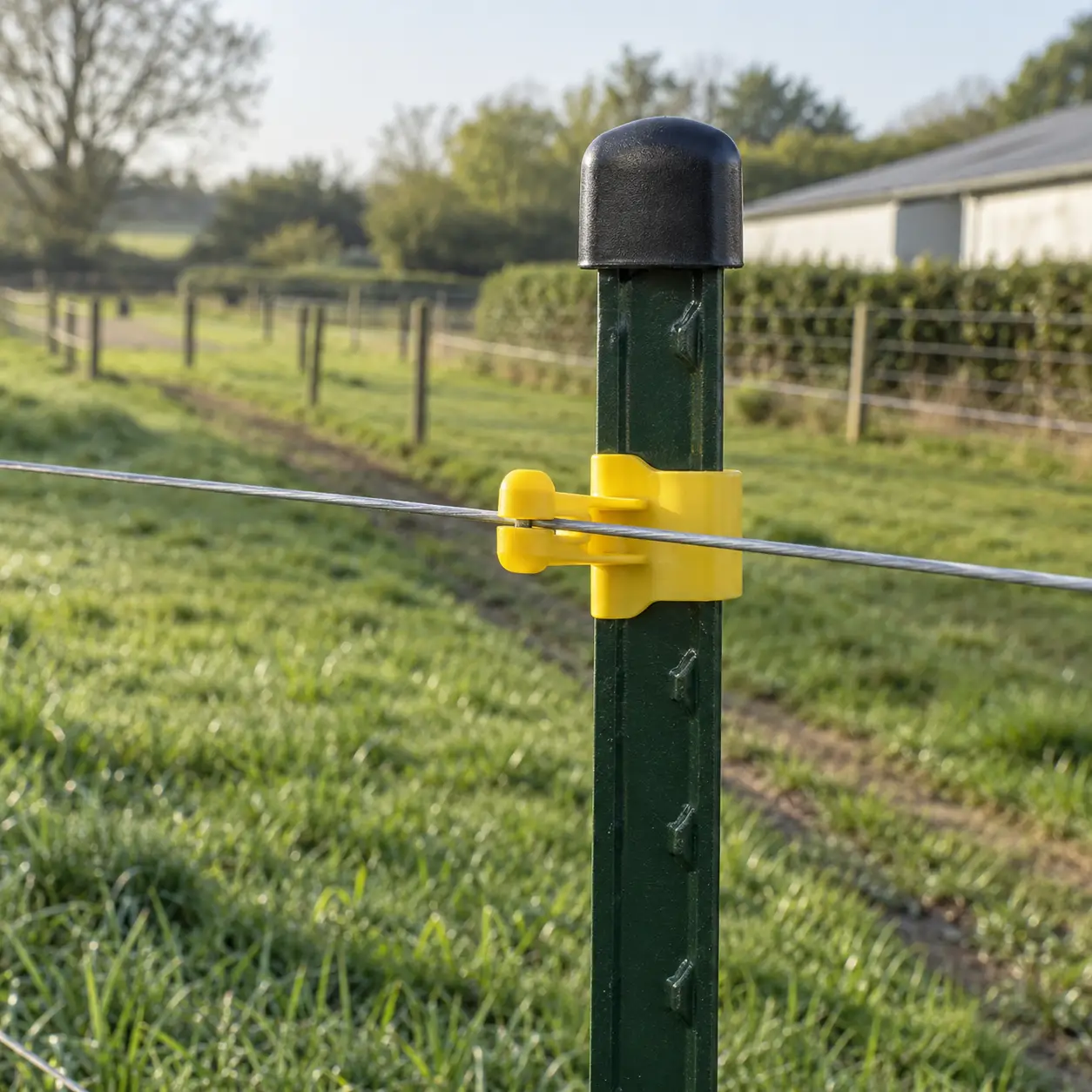 Green steel T-post fitted with a black post cap and yellow insulator holding electric fence wire.