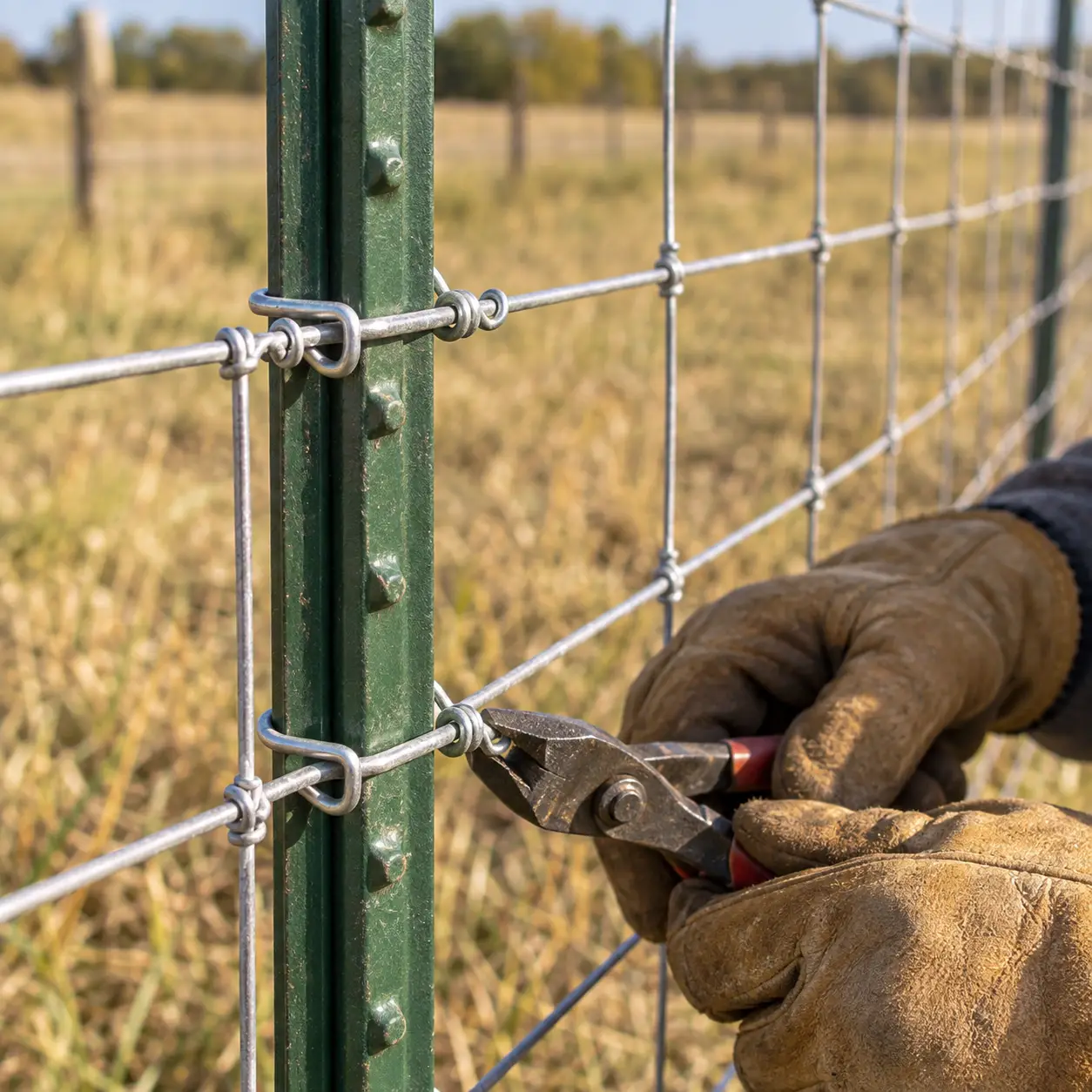 Gloved worker using pliers to secure galvanized wire clips to a green steel T-post.