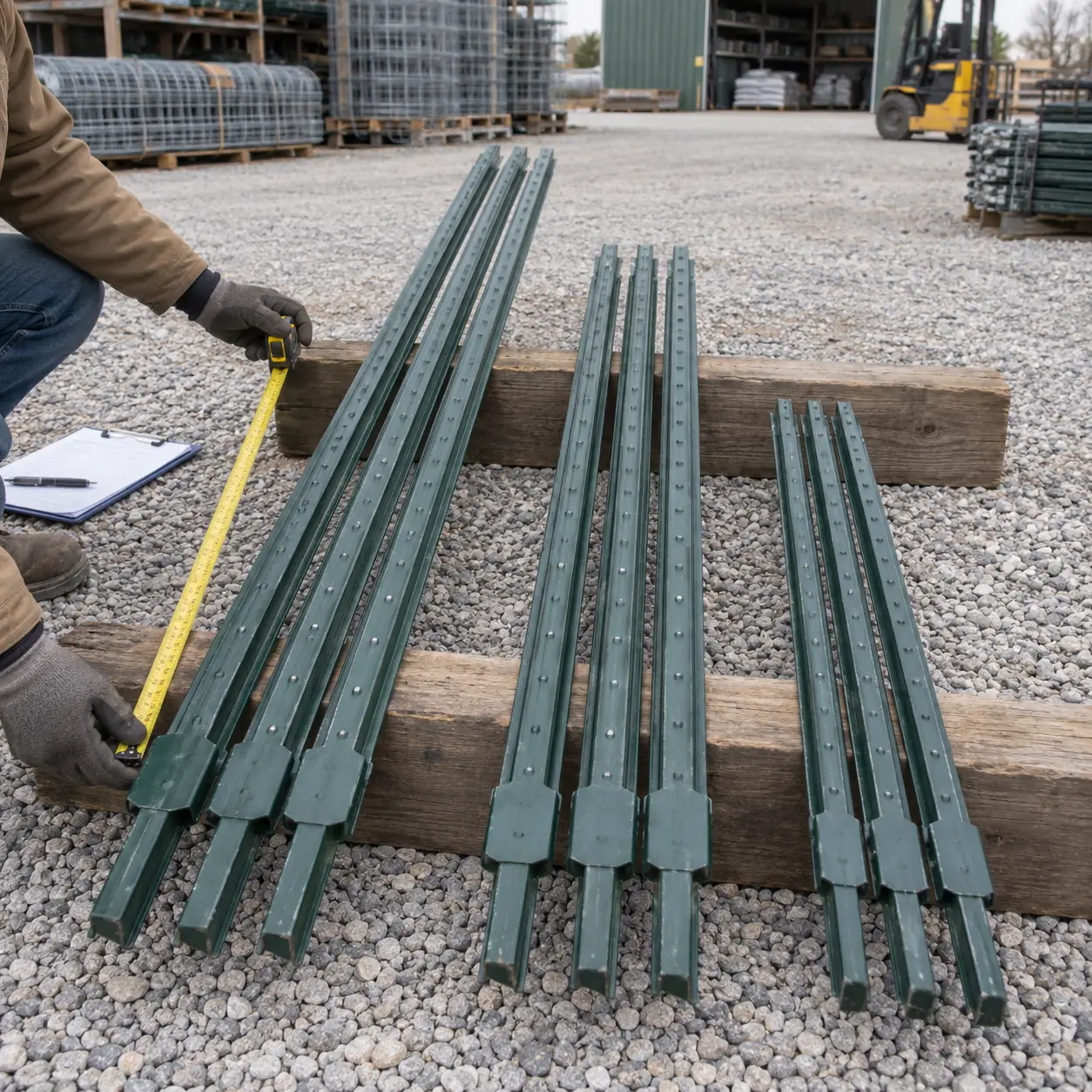 Worker measuring green steel T-posts of different lengths arranged on timber supports in a farm supply yard.
