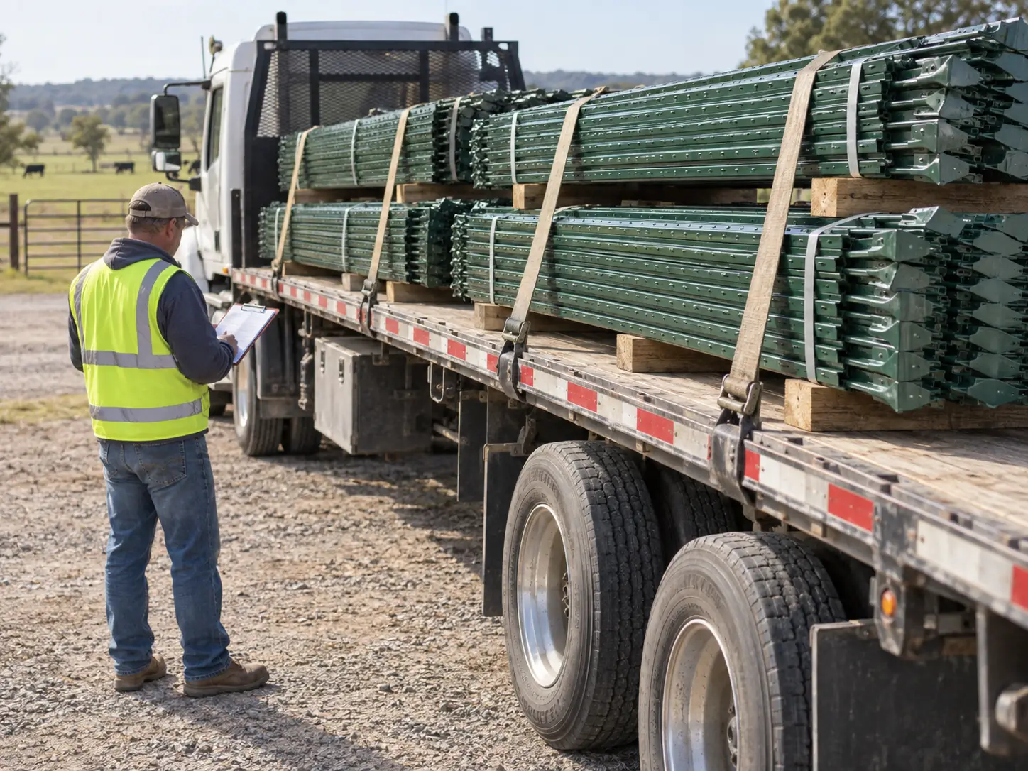 Worker reviewing a packing list beside bundled wholesale T-posts secured on a flatbed delivery truck.