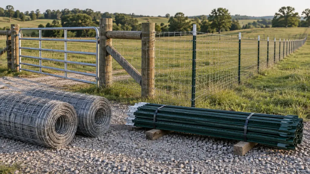 Bundled steel T-posts and woven wire rolls beside an installed pasture fence with a farm gate and wood brace posts.