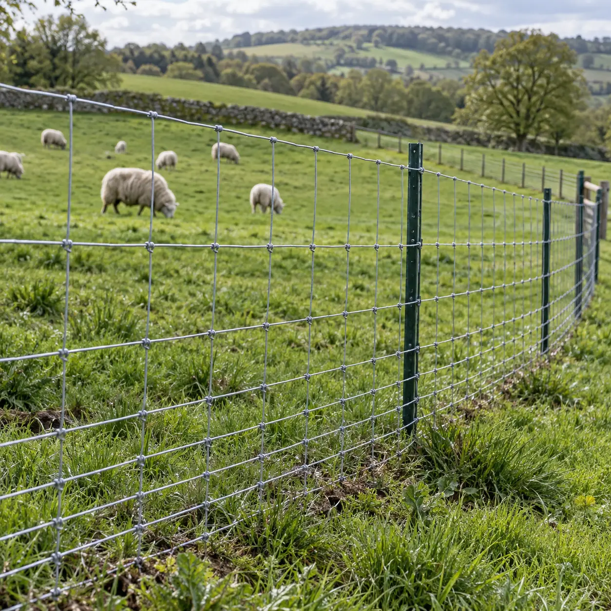 Galvanized woven wire field fence supported by steel T-posts along a rolling sheep pasture.