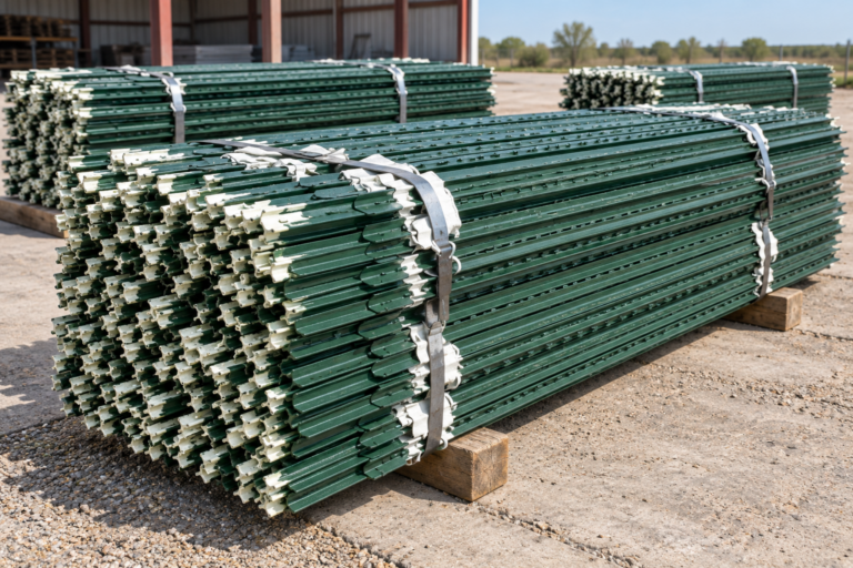 Bundles of green studded steel T-posts with white tips, secured with straps on timber supports outside a warehouse.