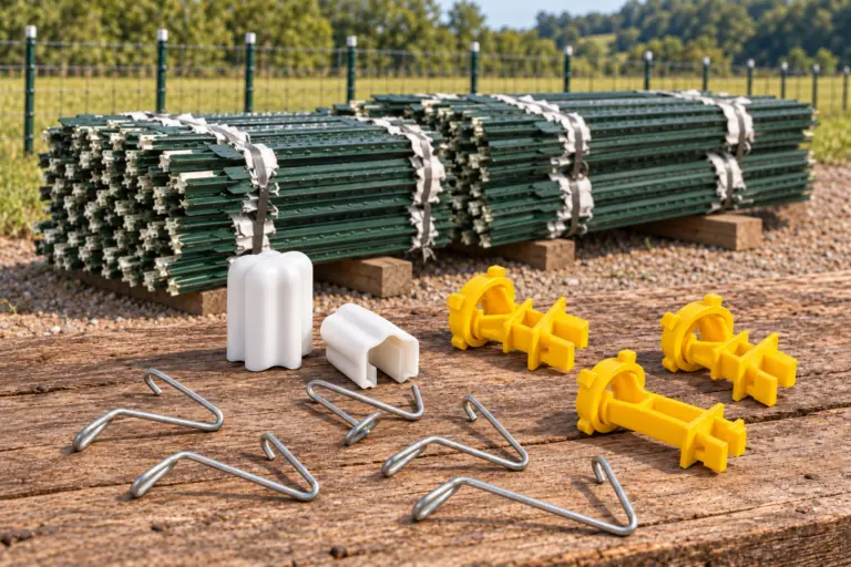 Bundles of green T-posts behind wire clips, white safety caps, and yellow fence insulators on a wooden bench.