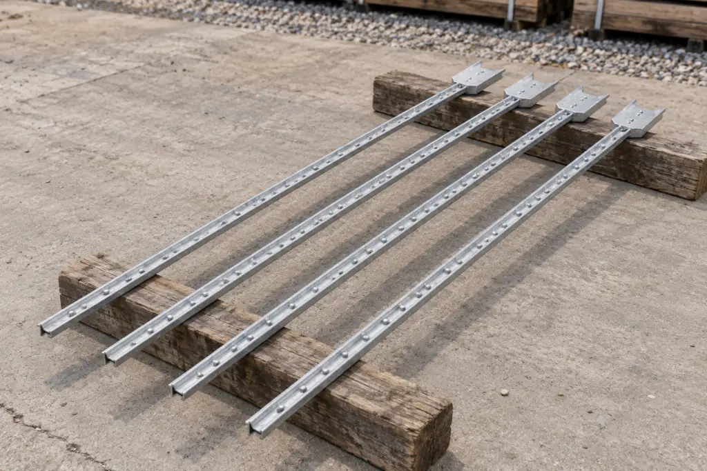 Four silver galvanized T-posts with raised studs and flat anchor plates resting on wooden supports in a supply yard.
