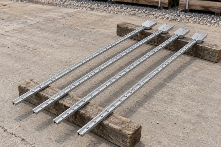 Four silver galvanized T-posts with raised studs and flat anchor plates resting on wooden supports in a supply yard.