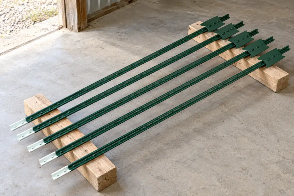 Five green painted T-posts with white tips, raised studs, and anchor plates resting on wooden supports.