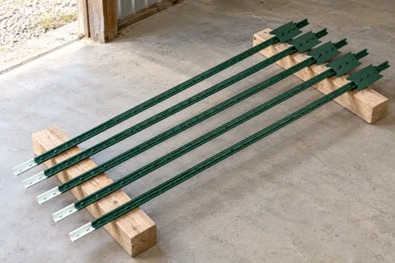 Five green painted T-posts with white tips, raised studs, and anchor plates resting on wooden supports.