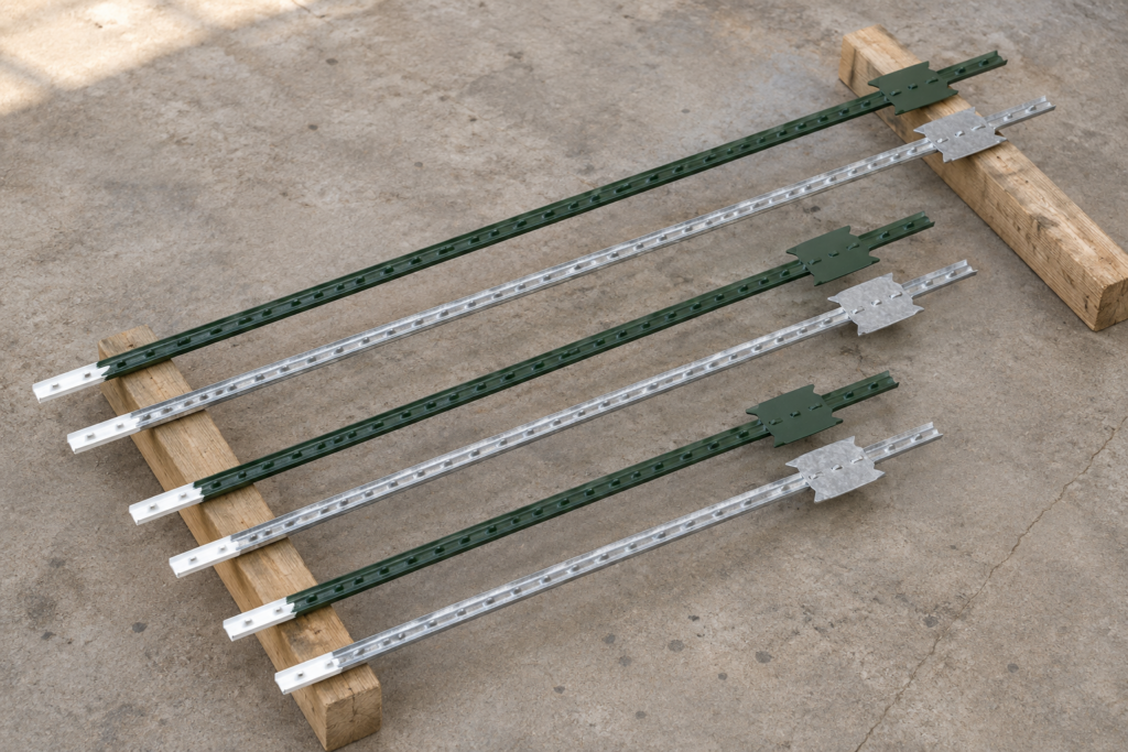 Green painted and silver galvanized T-posts in different lengths with studs and anchor plates.