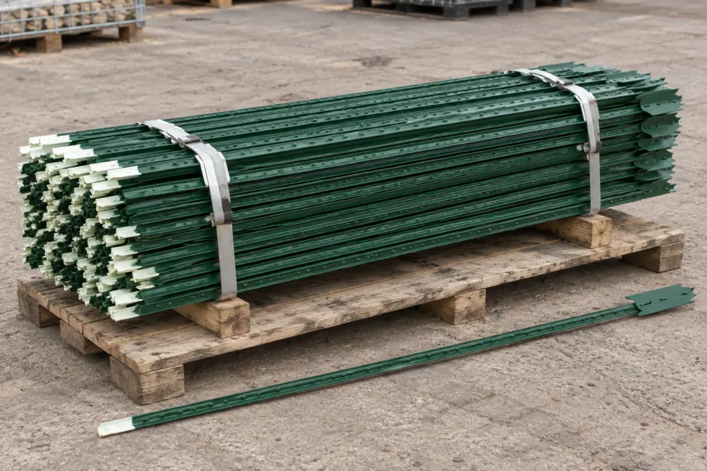 Bundled green studded T-posts secured on a wooden skid with one individual post alongside.