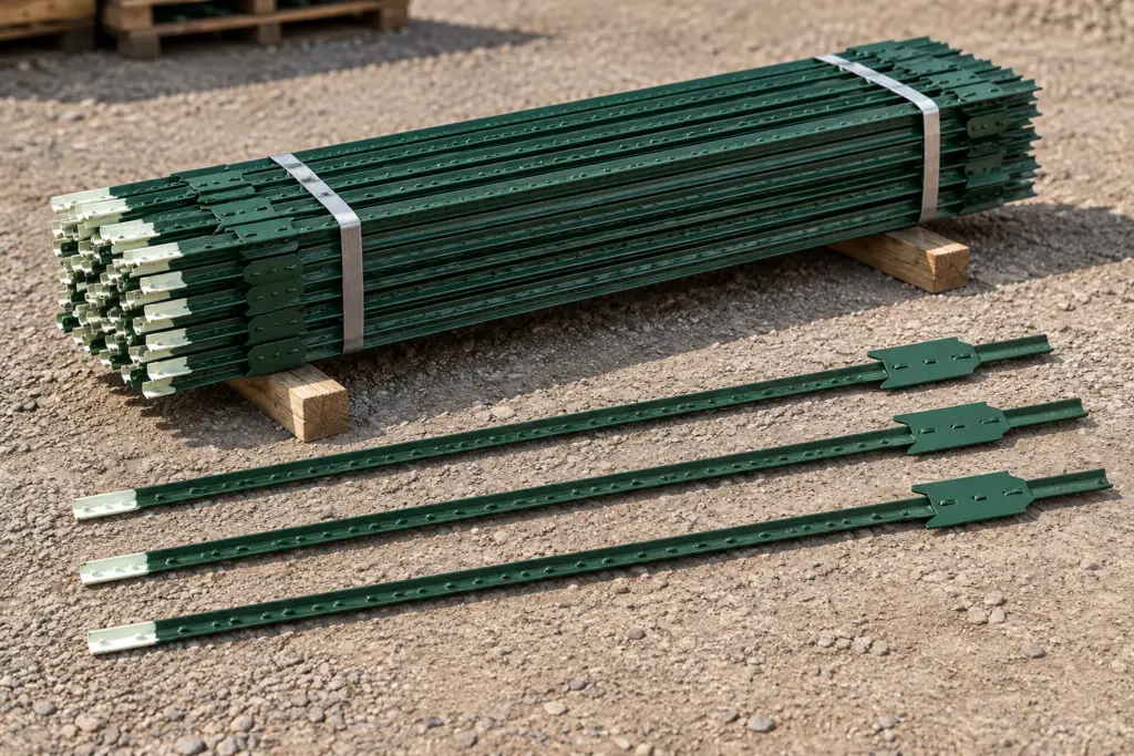 Bundle of green studded steel T-posts with white tips, alongside three individual posts showing their anchor plates.