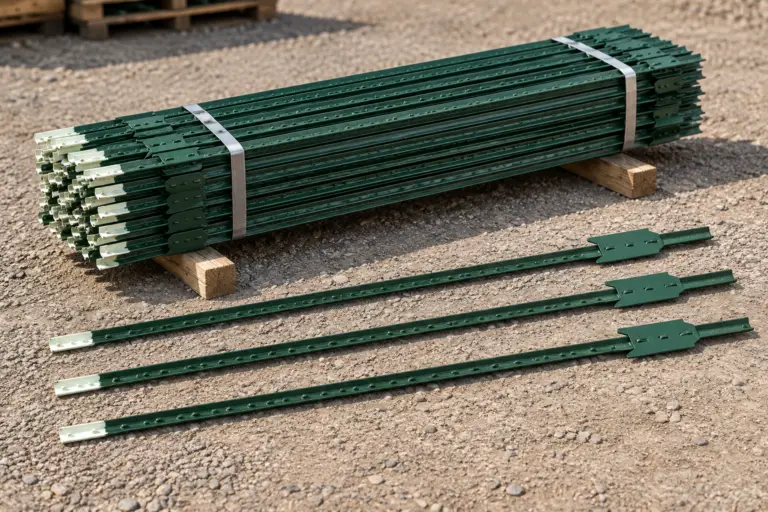 Bundle of green studded steel T-posts with white tips, alongside three individual posts showing their anchor plates.
