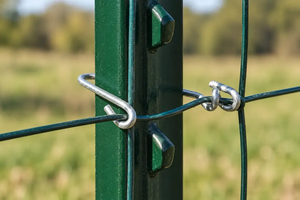 Close-up of a galvanized T-post clip securing fence wire to a green studded steel T-post.