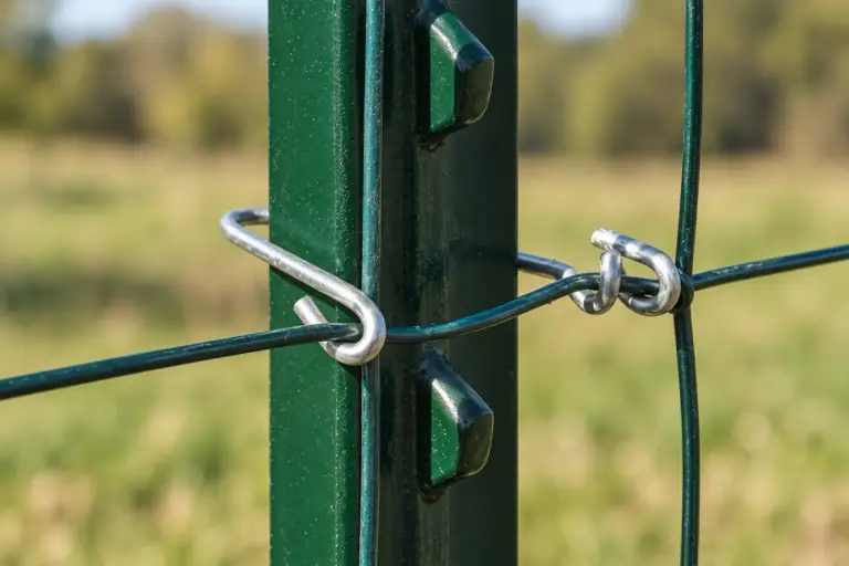 Close-up of a galvanized T-post clip securing fence wire to a green studded steel T-post.