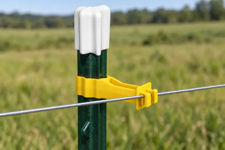 Close-up of a white safety cap and yellow electric fence insulator holding wire away from a green studded T-post.