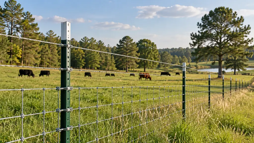 Close-up of a green painted steel T-post supporting wire cattle fencing across a grassy Alabama-style pasture, with grazing cattle, pine and hardwood trees, and rolling countryside in the background