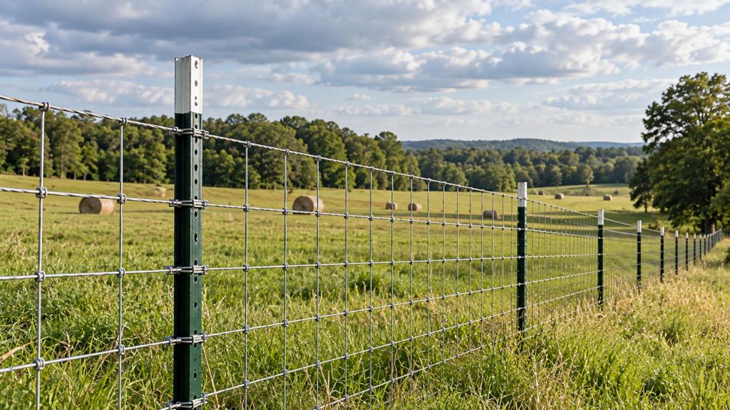 Green painted steel T-post with woven wire fencing across an Arkansas-style pasture, with hay bales, rolling fields, and distant hardwood trees