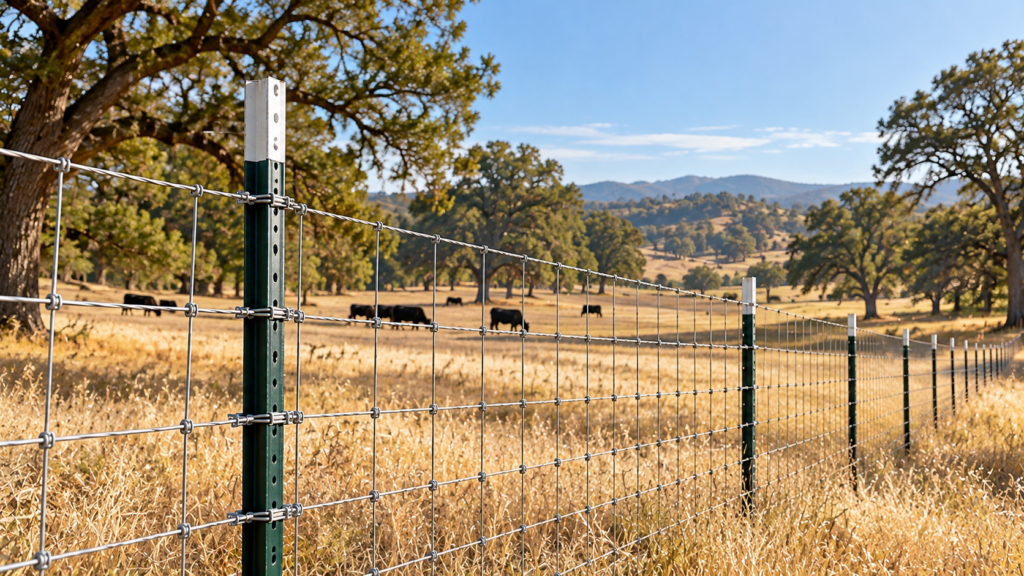 Green painted steel T-post with woven wire fencing across a California cattle pasture, featuring golden dry-season grass, grazing cattle, and mature oak trees