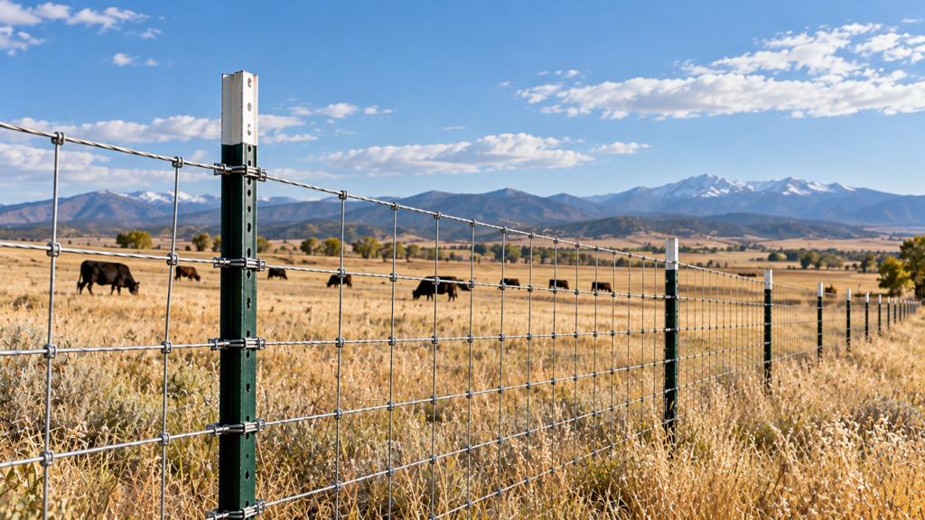 Green painted steel T-post with woven wire fencing across a Colorado pasture, featuring dry golden grass, grazing cattle, and distant Rocky Mountain foothills