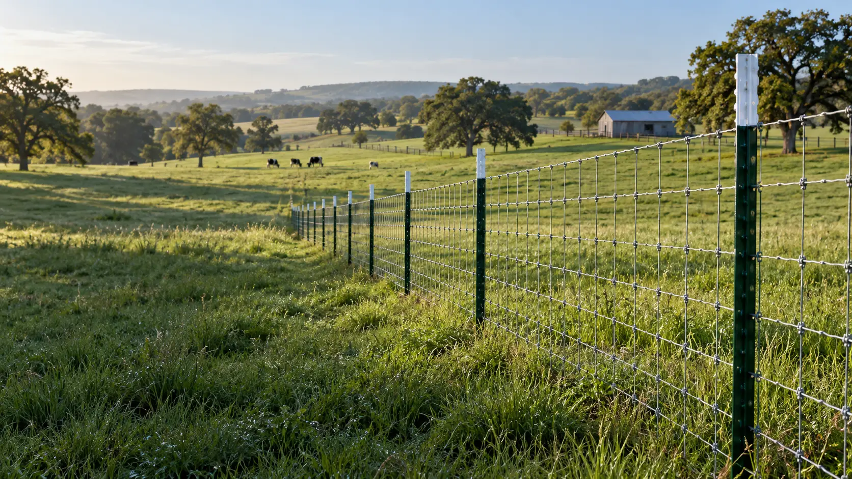 Illustrative rural Texas pasture with green steel T-posts, woven-wire fencing, dairy cattle, and a distant barn.
