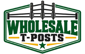 Wholesale T-Posts logo with steel fence posts and green and gold lettering.