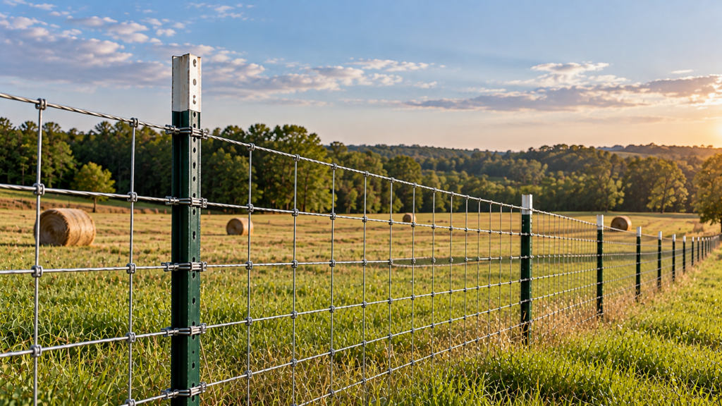 Green painted steel T-post with woven wire fencing along a Georgia bermudagrass pasture, featuring hay bales, a cut hay field, and distant woodland