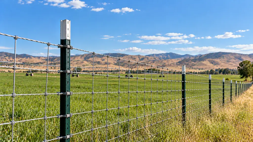 Green painted steel T-post with woven wire fencing along an Idaho irrigated pasture, featuring lush green grass, agricultural irrigation equipment, and distant dry hills