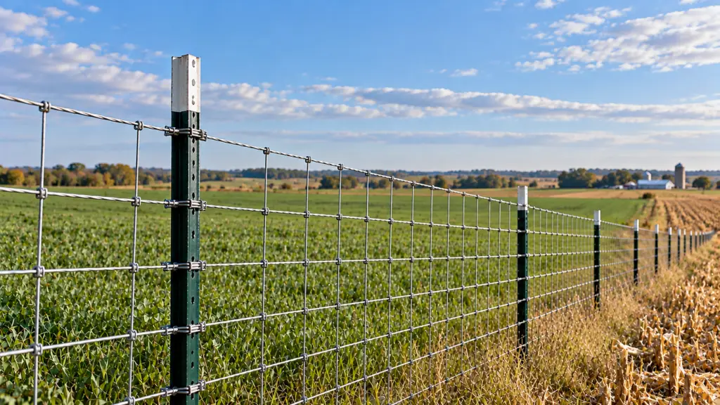 Green painted steel T-post with woven wire fencing along an Iowa cover crop field, featuring green crops, harvested corn stubble, and distant farm buildings