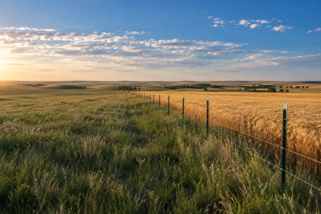 Steel T-post fence in an illustrative Kansas farm landscape