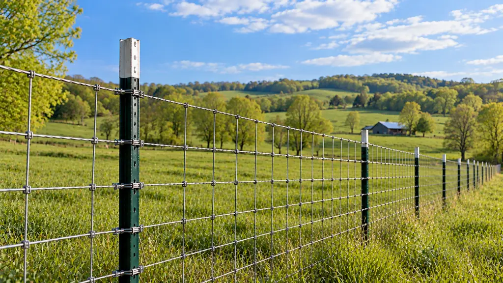 Green painted steel T-post with woven wire fencing across a Kentucky pasture, featuring rolling green hills, leafy trees, and a distant barn