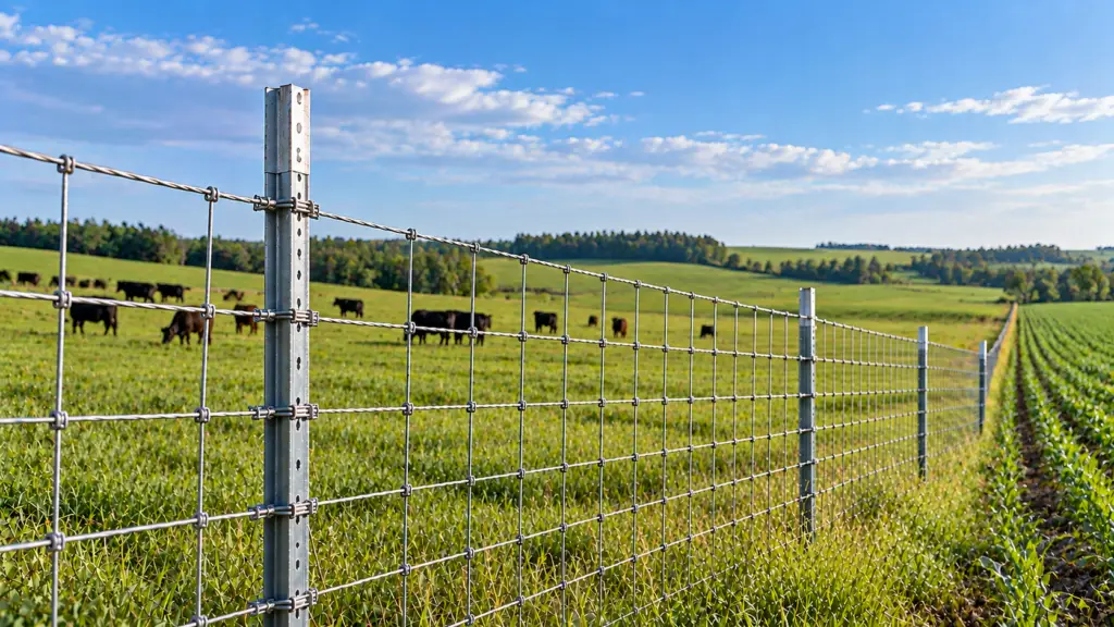 Galvanized steel T-post with woven wire fencing along a Minnesota cattle pasture, featuring grazing cattle, cultivated crop fields, and a distant tree line