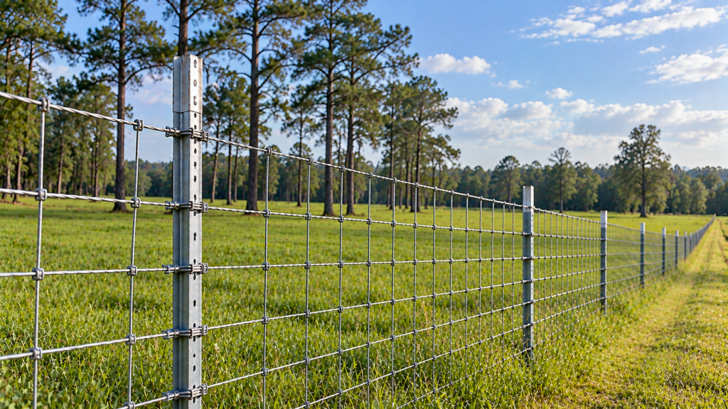 Galvanized steel T-post with woven wire fencing along a Mississippi pasture, featuring lush green grass, a mown access strip, and mature pine trees