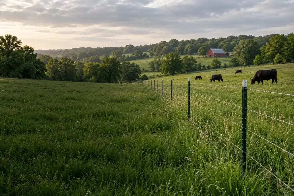 Steel T-post fence in an illustrative Missouri farm landscape