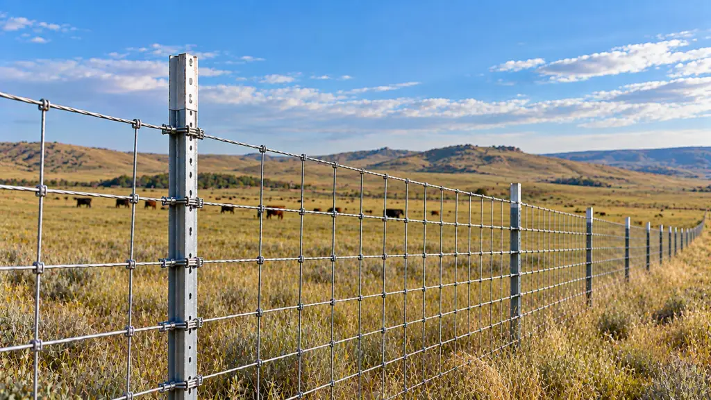 Galvanized steel T-post with woven wire fencing across an eastern Montana pasture, featuring dry native grasses, grazing cattle, and distant rolling hills