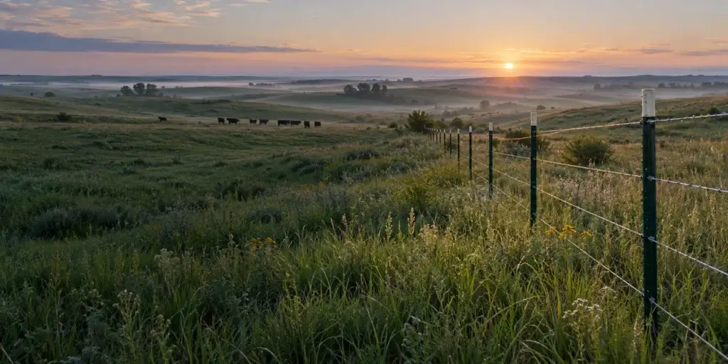 Steel T-post fence in an illustrative Nebraska farm landscape