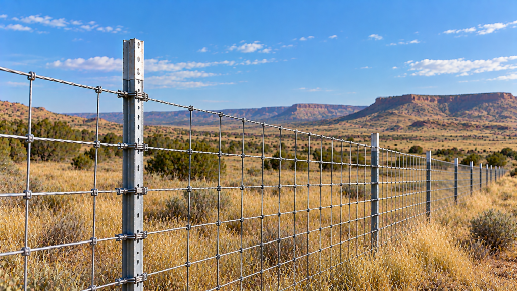 Galvanized steel T-post with woven wire fencing across a New Mexico ranch, featuring dry grassland, scattered desert shrubs, and distant mesas
