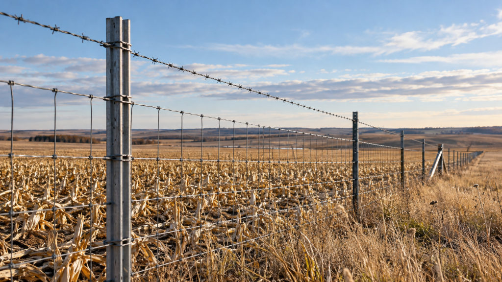 Galvanized steel fence post and wire fencing along a harvested North Dakota cornfield under a clear autumn sky