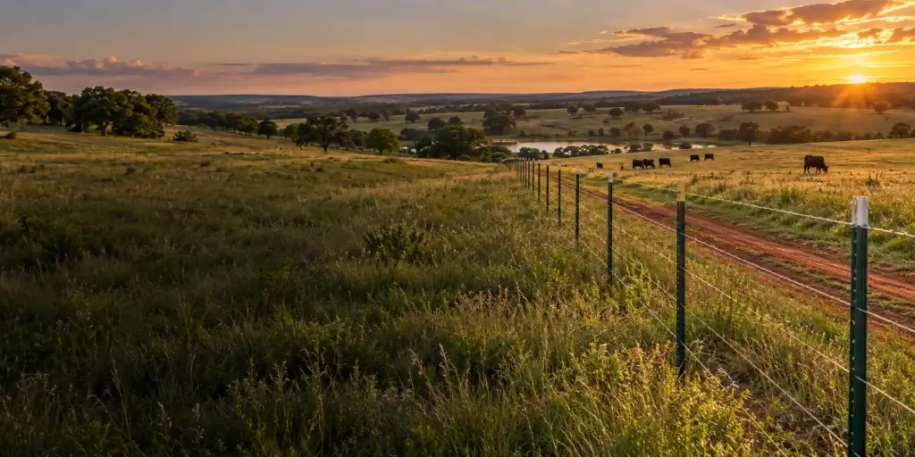 Steel T-post fence in an illustrative Oklahoma farm landscape