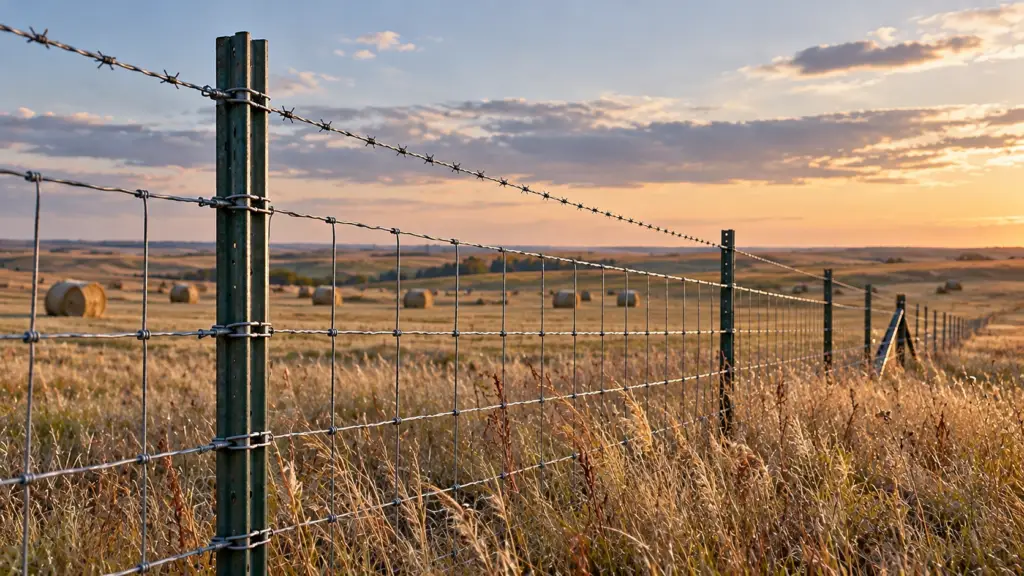 Green painted steel T-post and wire fence bordering a South Dakota prairie pasture with distant hay bales in warm evening light