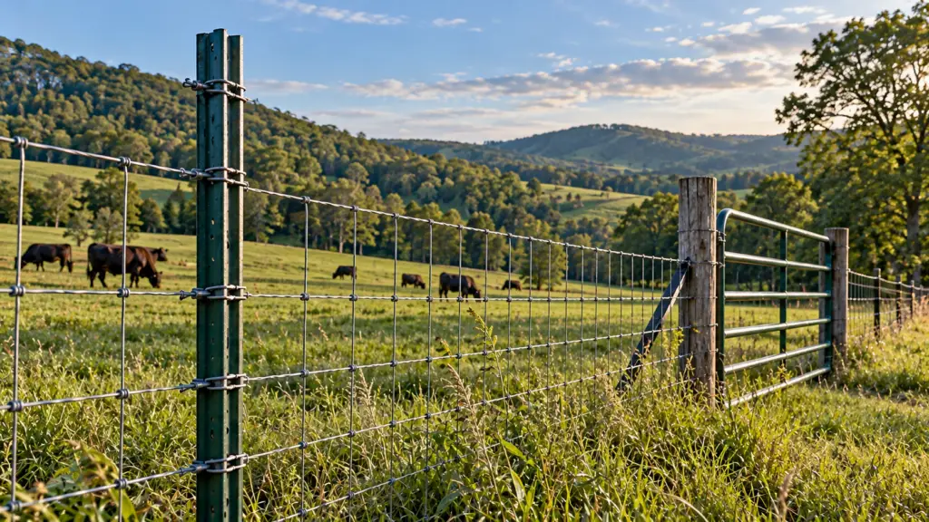 Green painted steel T-post and wire fence beside a farm gate overlooking grazing cattle and wooded Tennessee hills in soft summer light