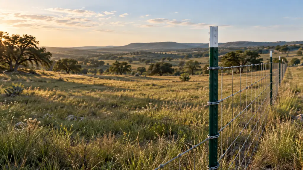Green steel T-posts supporting woven wire fencing across a Texas-inspired ranch landscape at sunrise.