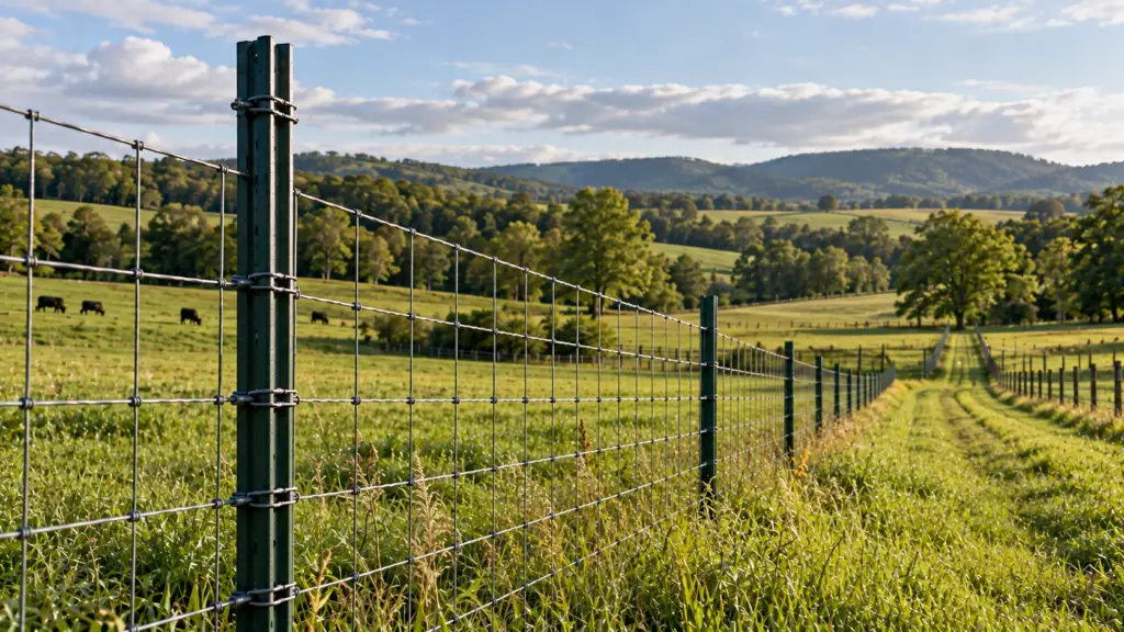 Green painted steel T-post and woven-wire fence along a grassy farm lane overlooking rolling Virginia pastures with grazing cattle and wooded hills