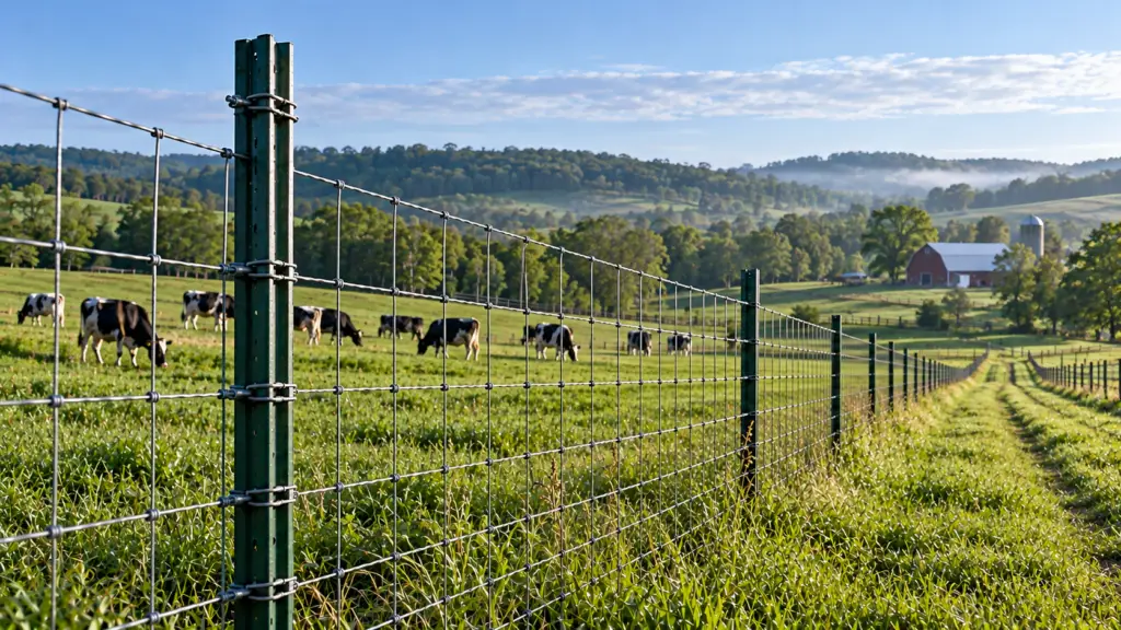 Green painted steel T-post and woven-wire fence along a grassy lane overlooking grazing dairy cattle, rolling Wisconsin pastures, and a distant red barn